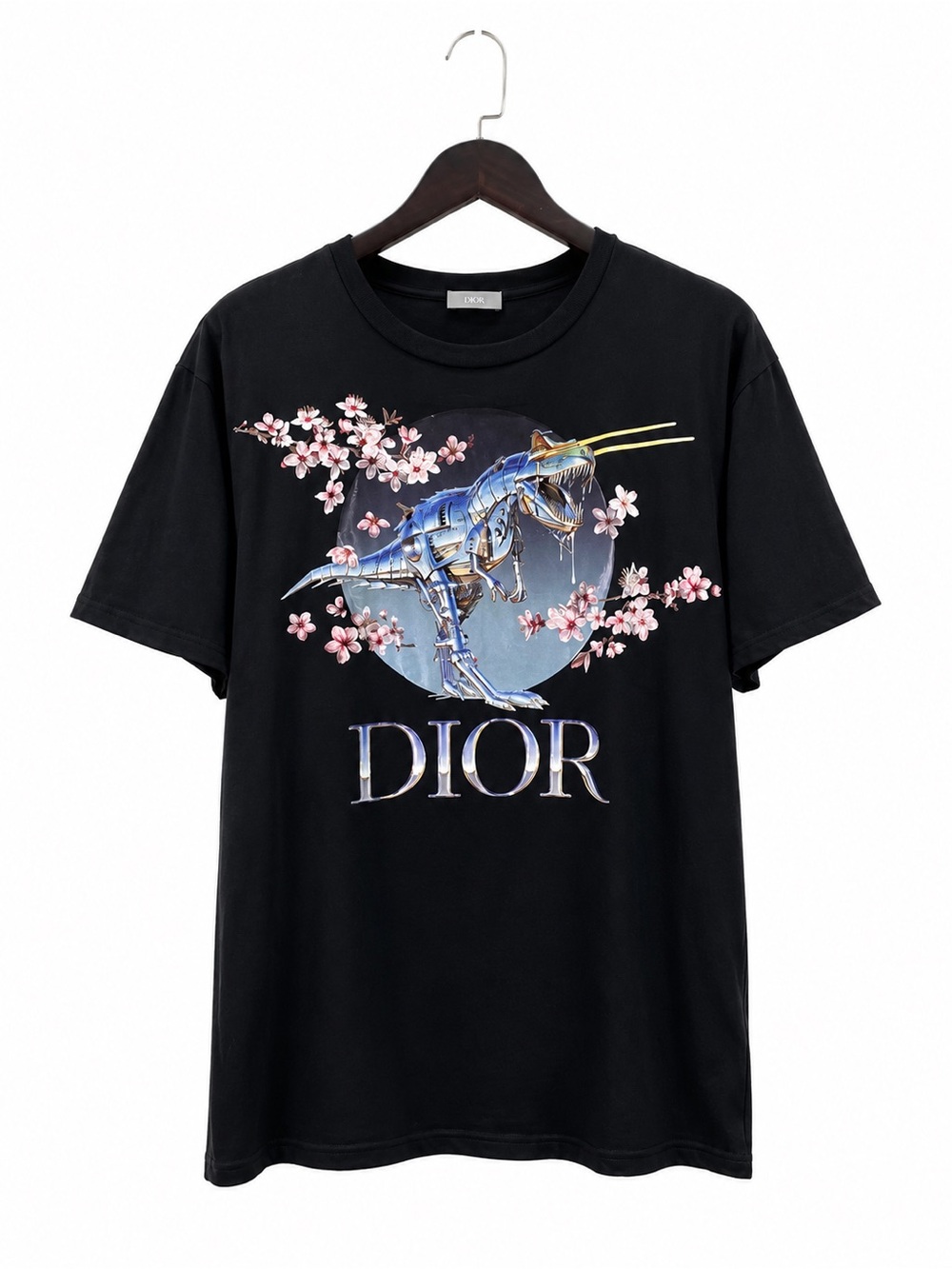 Dior Black Short-Sleeve T-Shirt with Blue Metallic Dino and Pink Floral Print